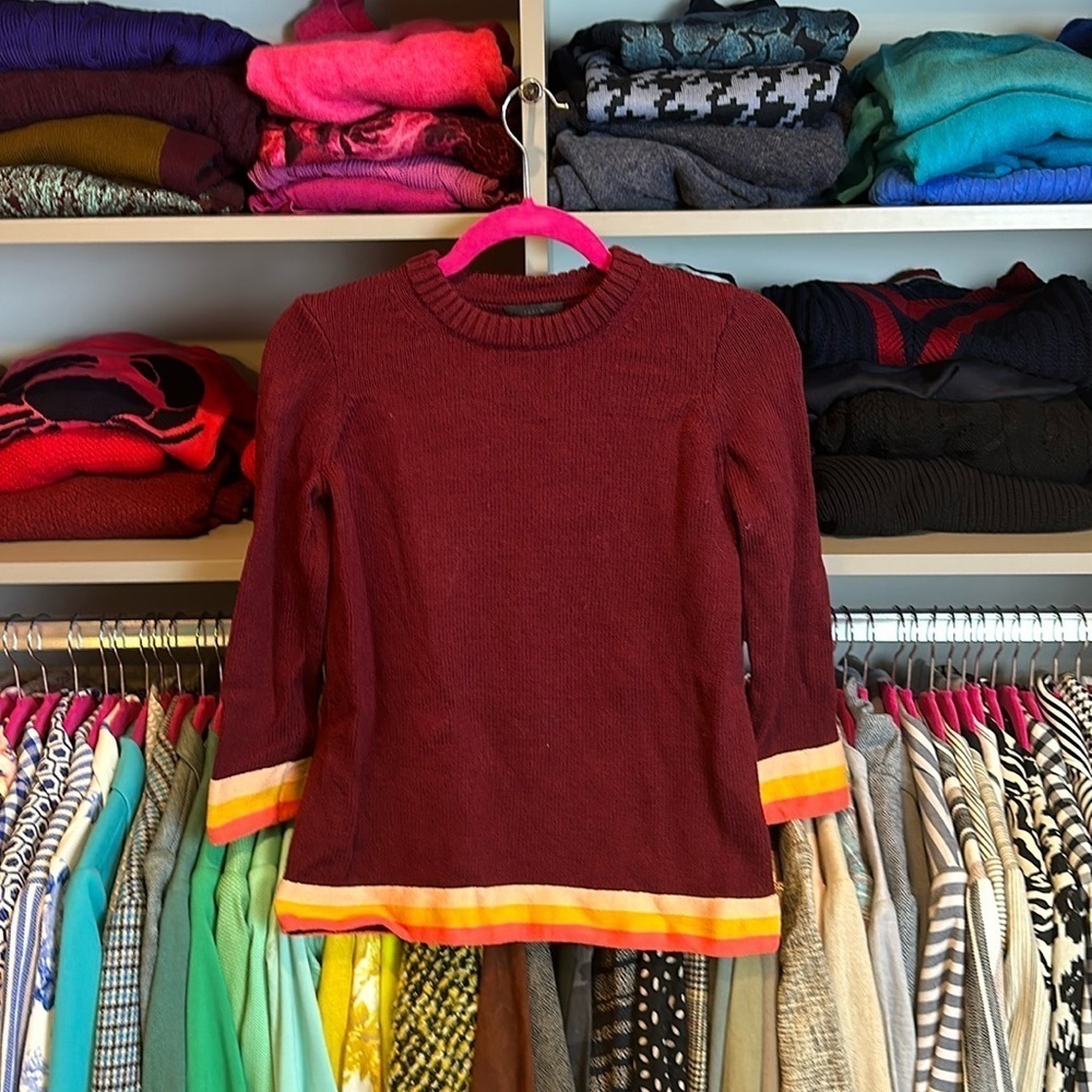 J Crew 100% wool maroon/orange/yellow 3/4 quarter sleeve crew neck sweater XS